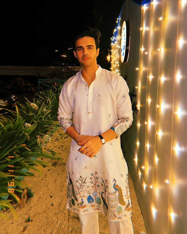 Peacock White Print Kurta Only