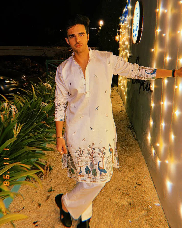 Peacock White Print Kurta Only