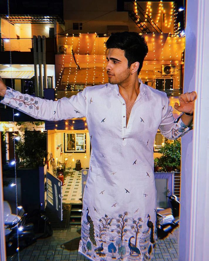 Peacock White Print Kurta Only