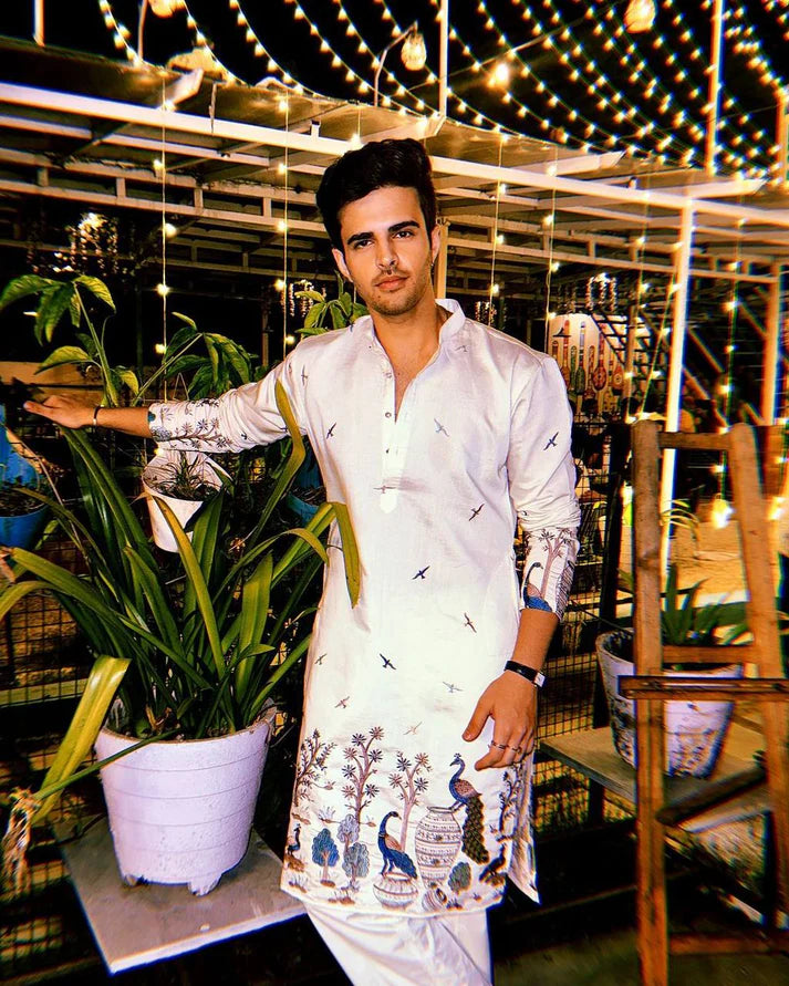 Peacock White Print Kurta Only