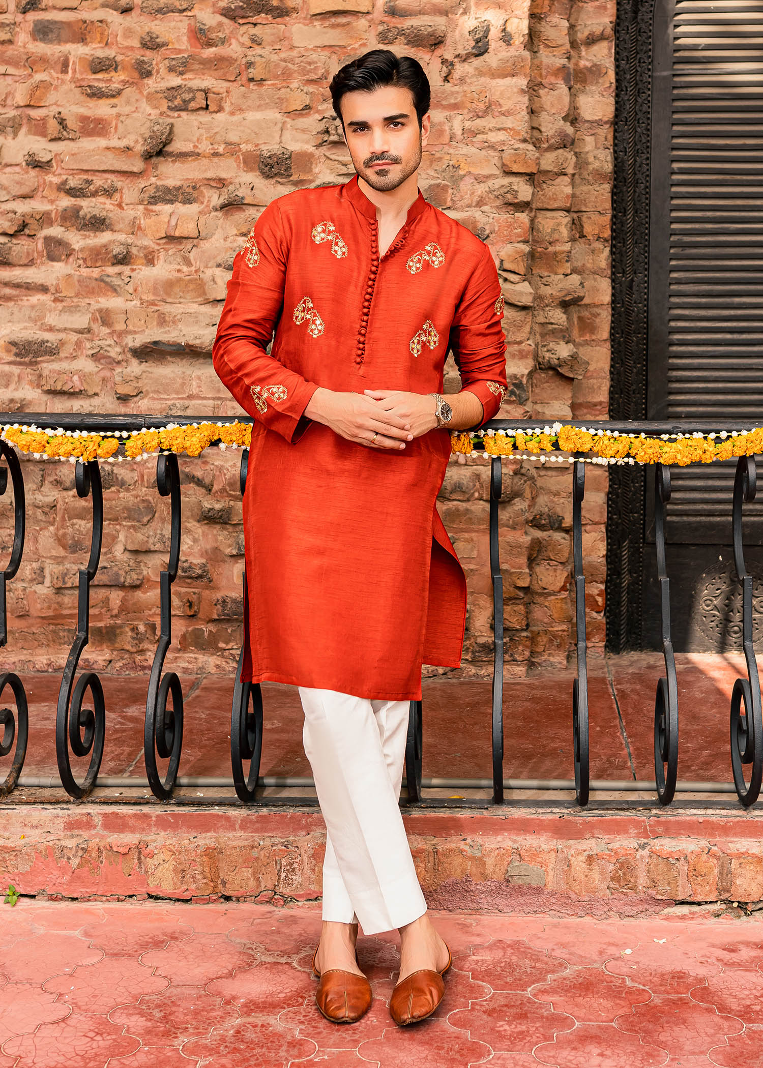 Rustic Orange Embroidery Work Kurta Only