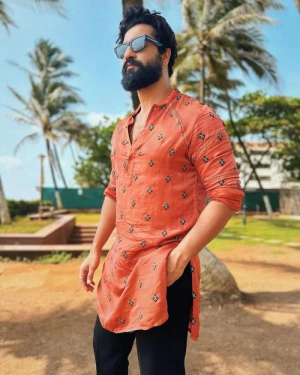 Vickey Orange Embroidery Work Kurta Only