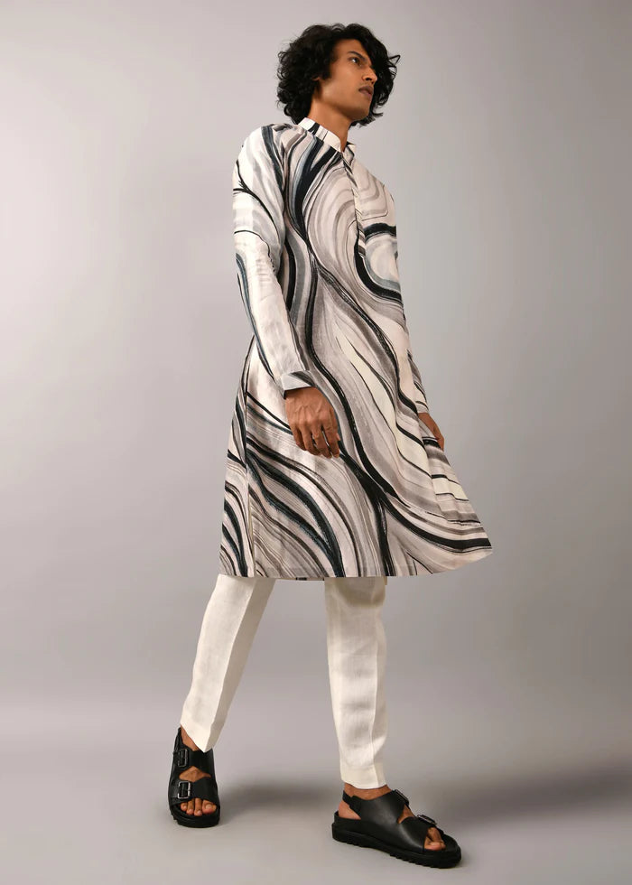 White-Black Strip Print Kurta Only