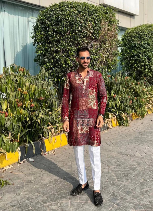 Maroon Multicolour Print Kurta Only