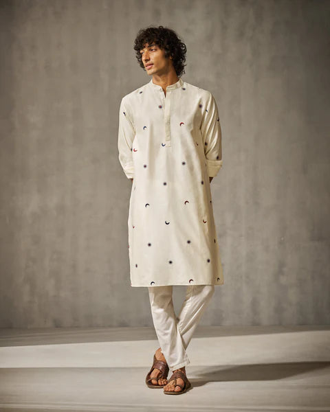 White Sun-Moon Print Kurta Only