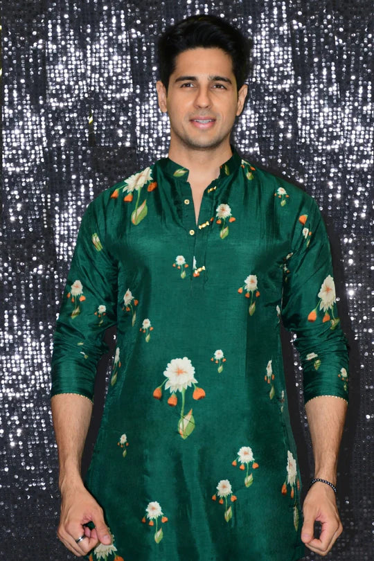 Flower Green Silk Kurta Only