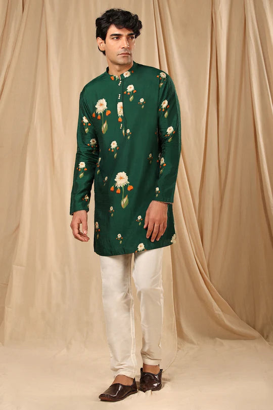 Flower Green Silk Kurta Only