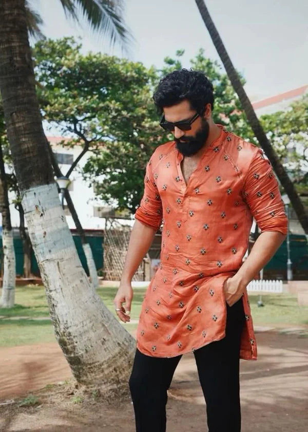 Vickey Orange Embroidery Work Kurta Only