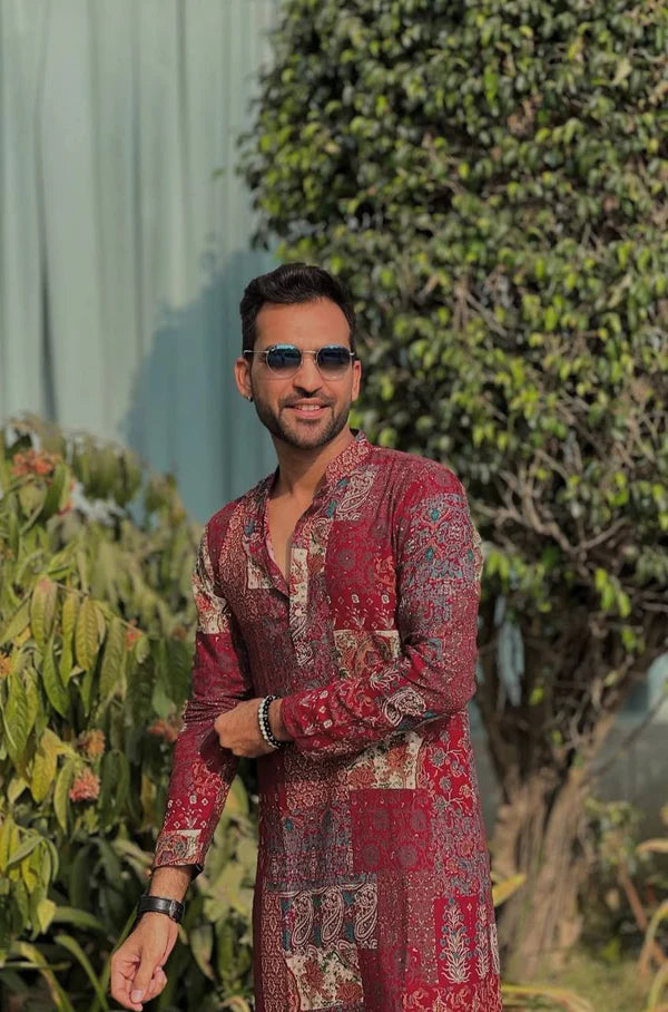 Maroon Multicolour Print Kurta Only