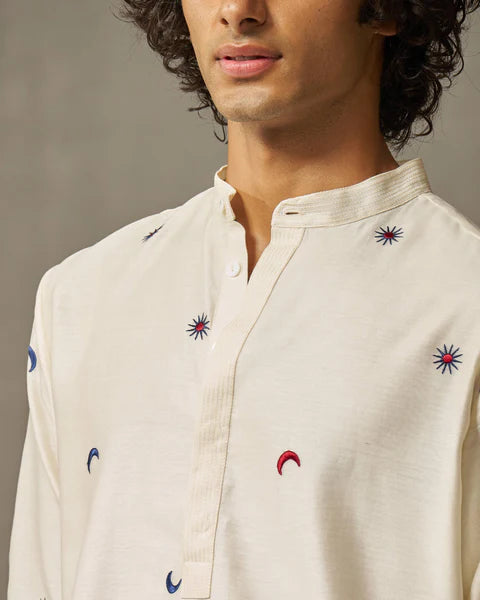 White Sun-Moon Print Kurta Only