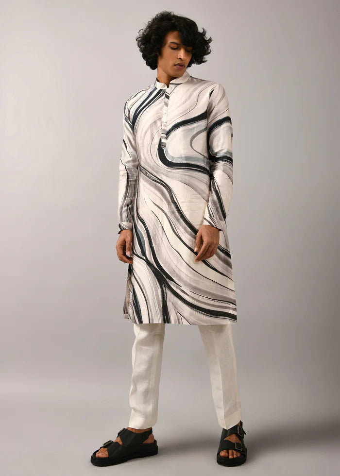 White-Black Strip Print Kurta Only