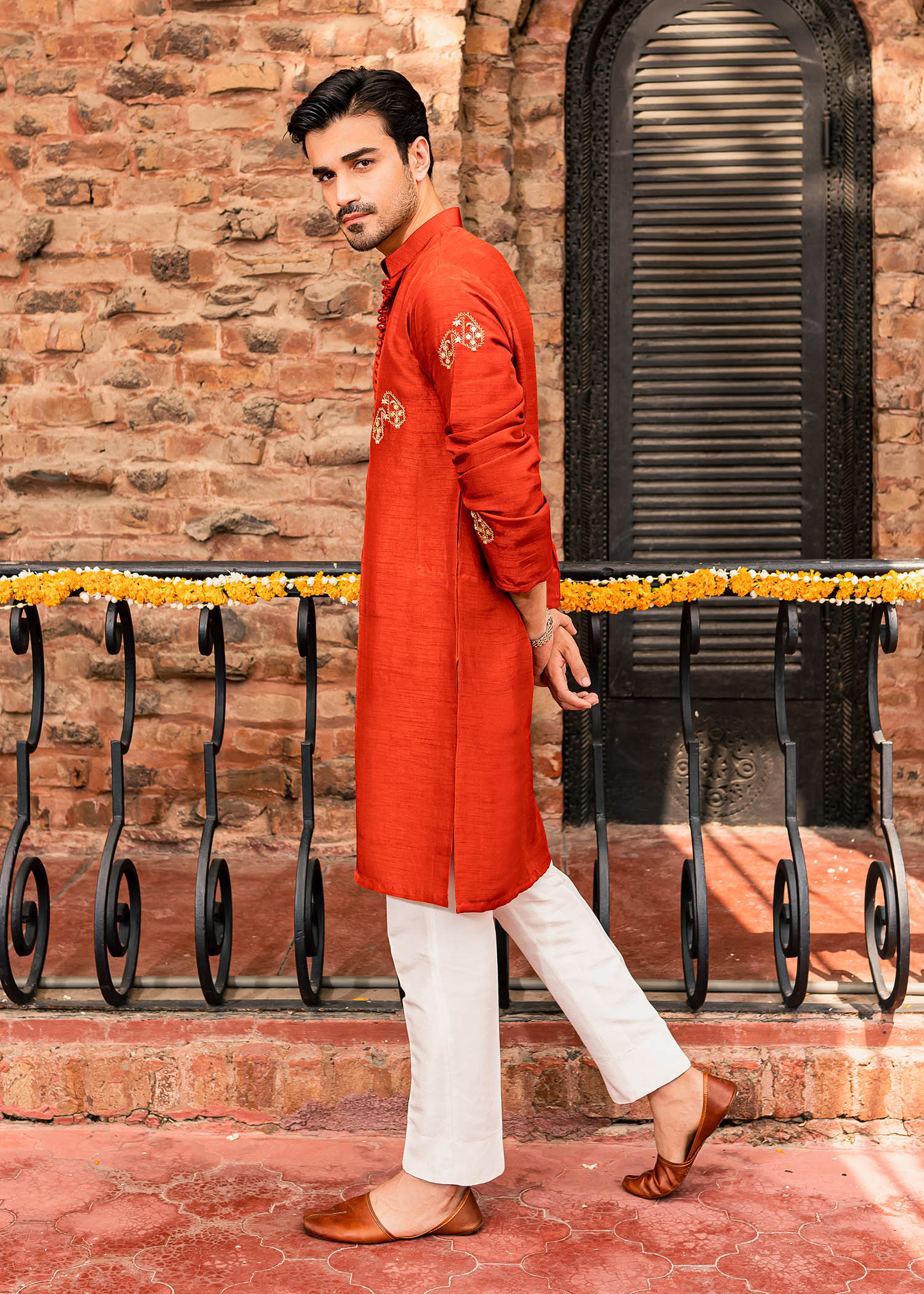 Rustic Orange Embroidery Work Kurta Only