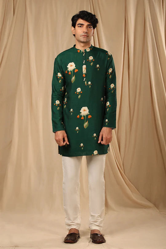 Flower Green Silk Kurta Only