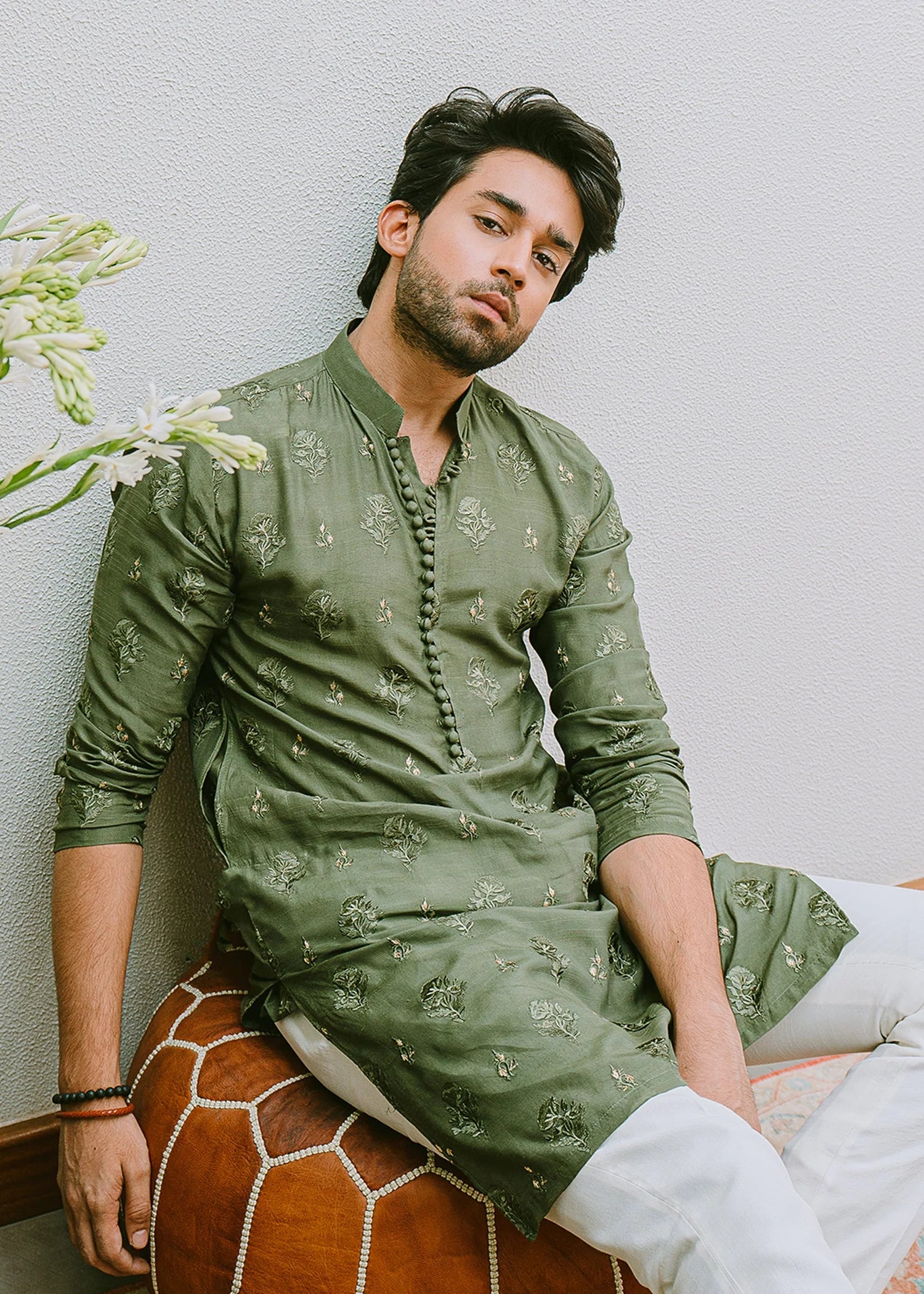Green Flower Embroidery Work Kurta Only