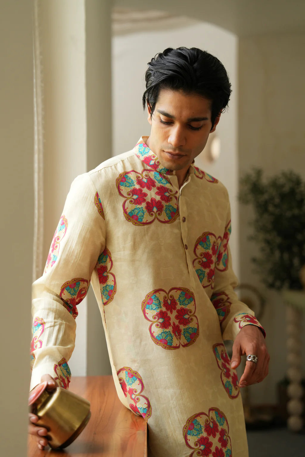 Beige Floral Print Kurta Only