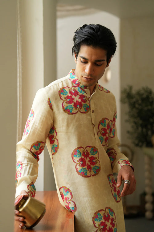 Beige Floral Print Kurta Only