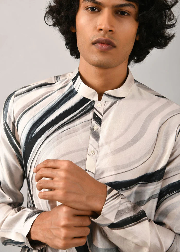 White-Black Strip Print Kurta Only