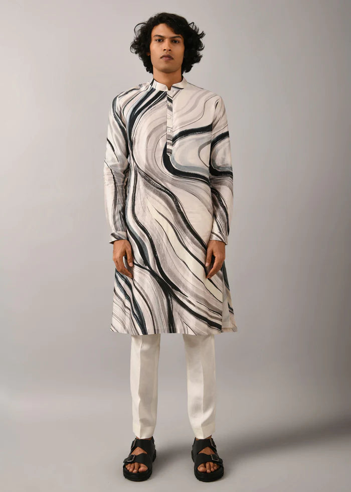 White-Black Strip Print Kurta Only