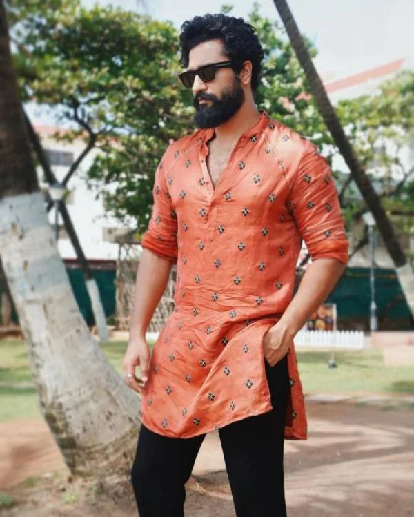 Vickey Orange Embroidery Work Kurta Only