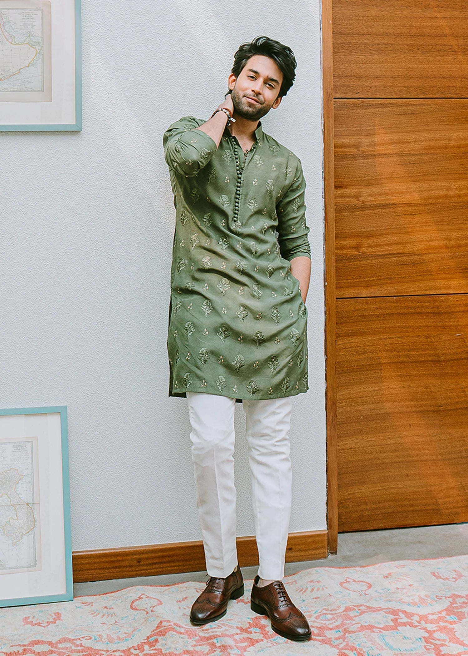Green Flower Embroidery Work Kurta Only