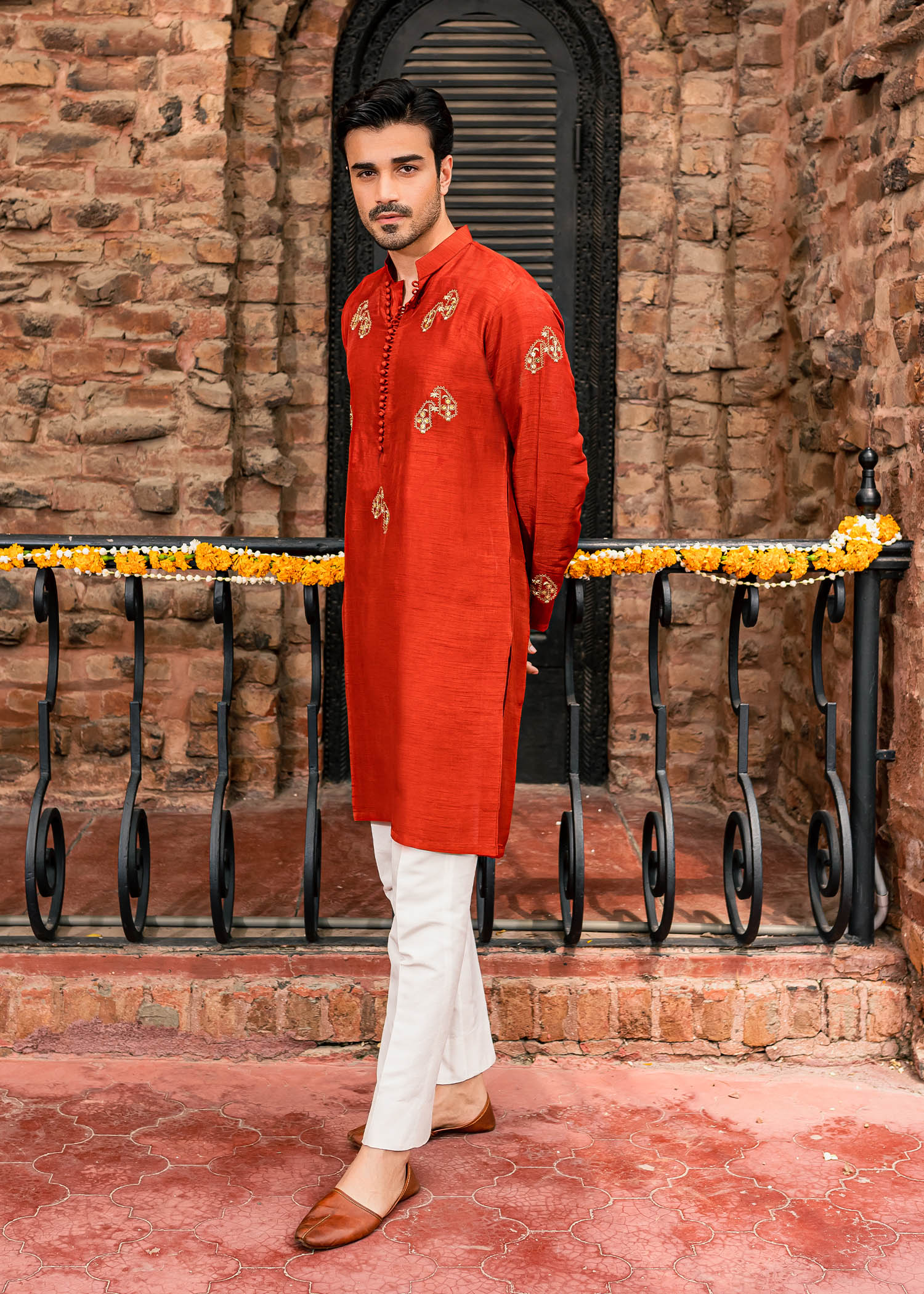Rustic Orange Embroidery Work Kurta Only