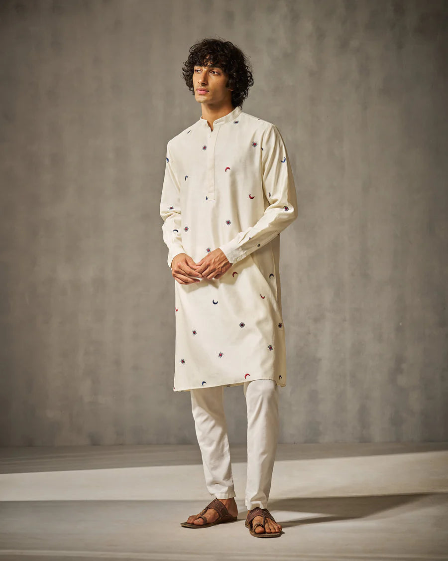 White Sun-Moon Print Kurta Only