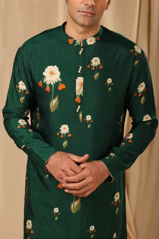 Flower Green Silk Kurta Only