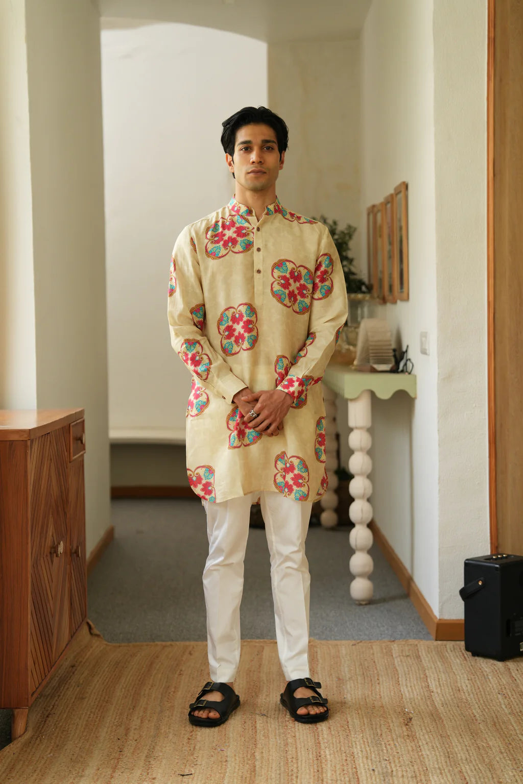 Beige Floral Print Kurta Only