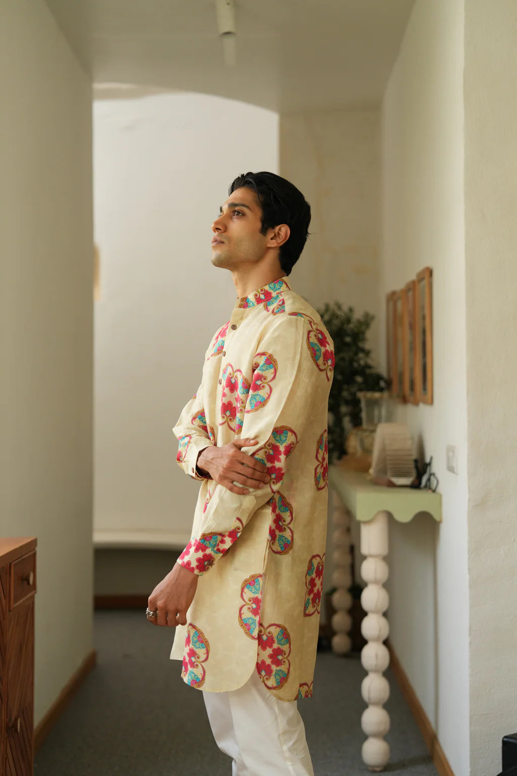 Beige Floral Print Kurta Only