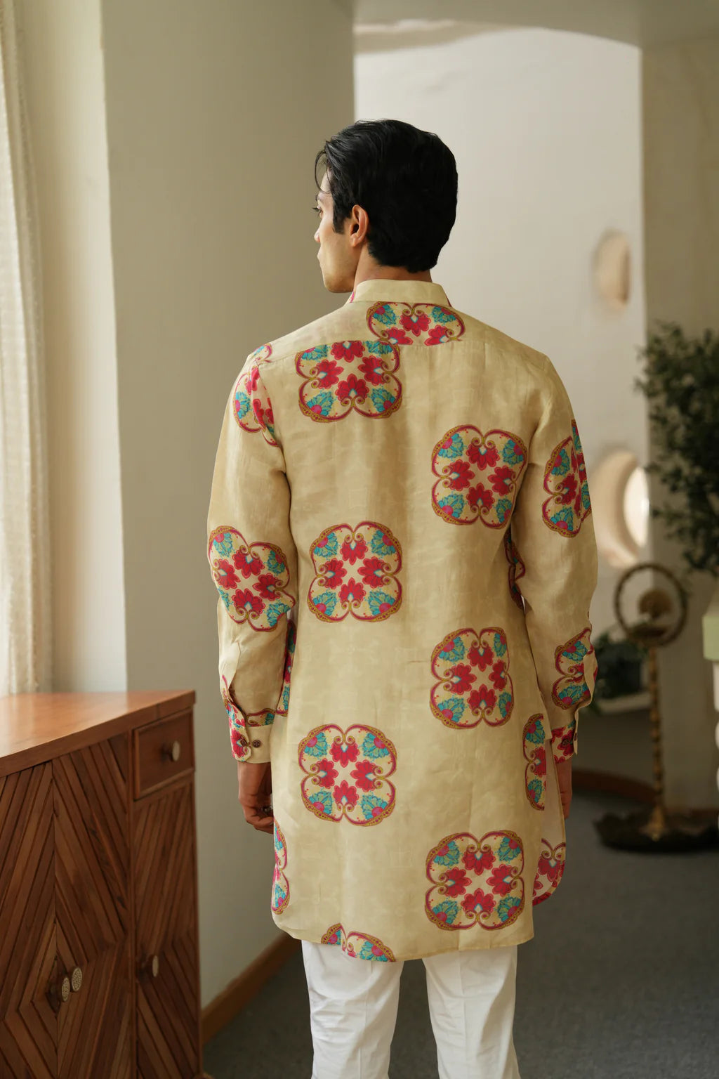 Beige Floral Print Kurta Only