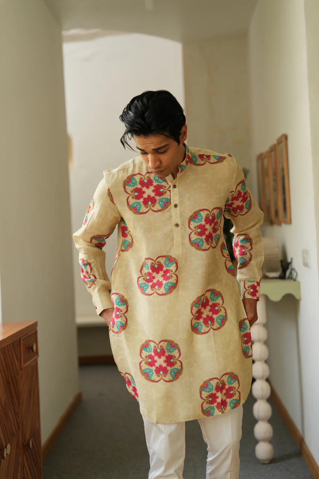 Beige Floral Print Kurta Only