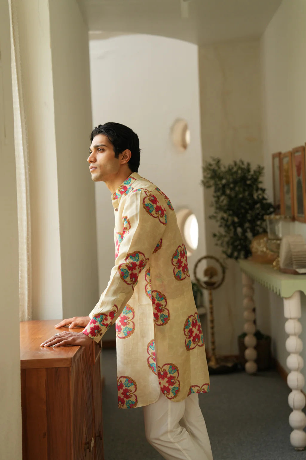 Beige Floral Print Kurta Only