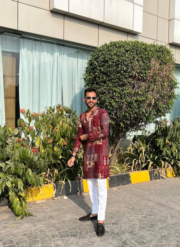Maroon Multicolour Print Kurta Only